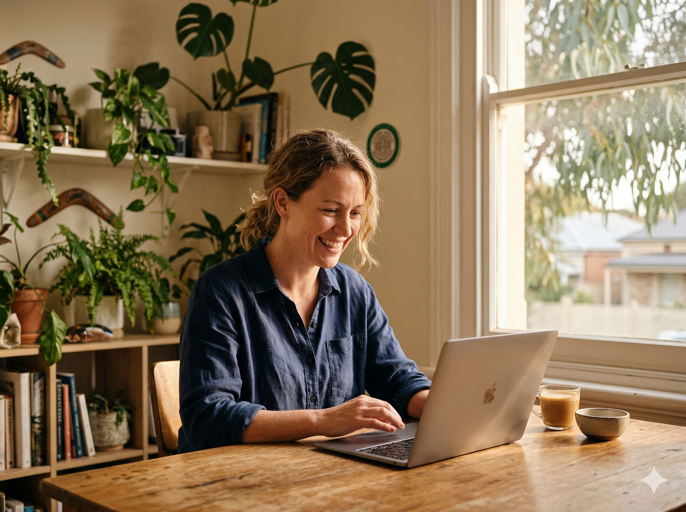 Small business owner at desk, relieved and smiling at laptop