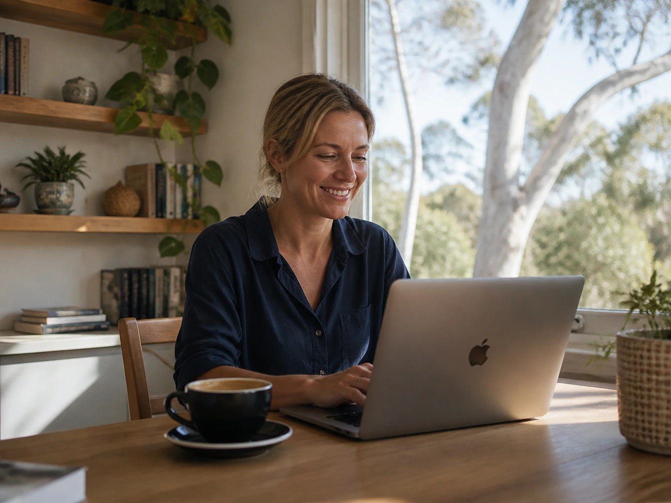 Small business owner at desk, relieved and smiling at laptop