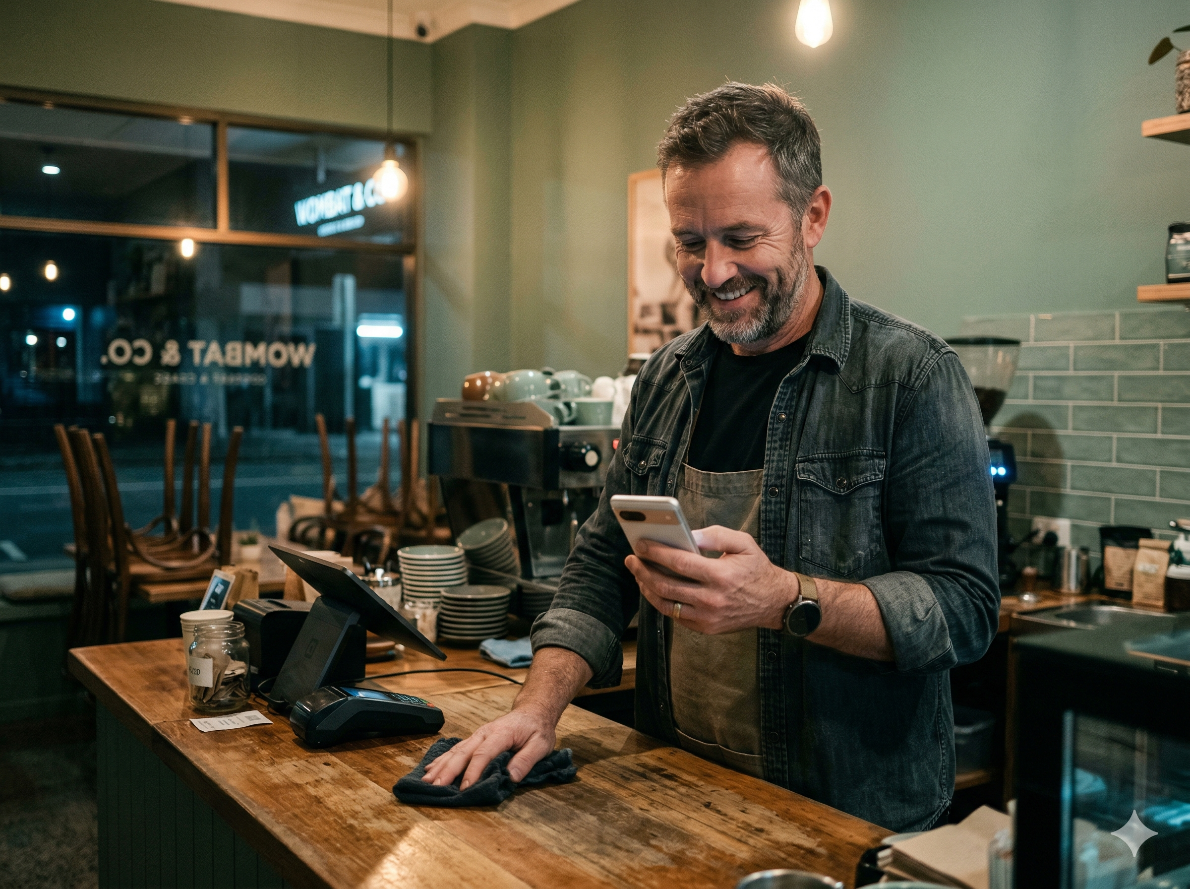 Café owner closing up for the night, checking phone with relief