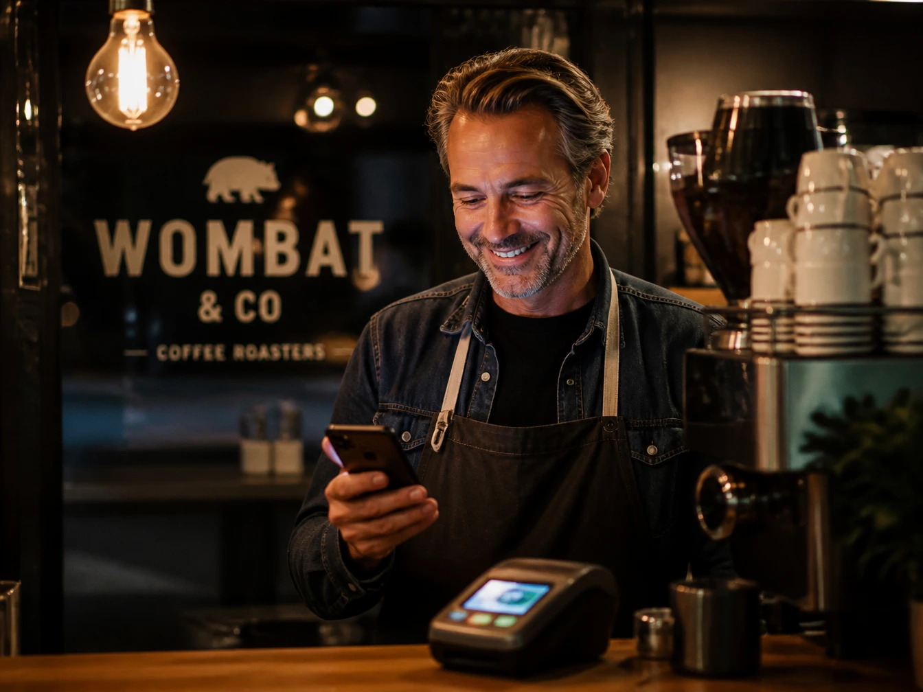 Café owner closing up for the night, checking phone with relief