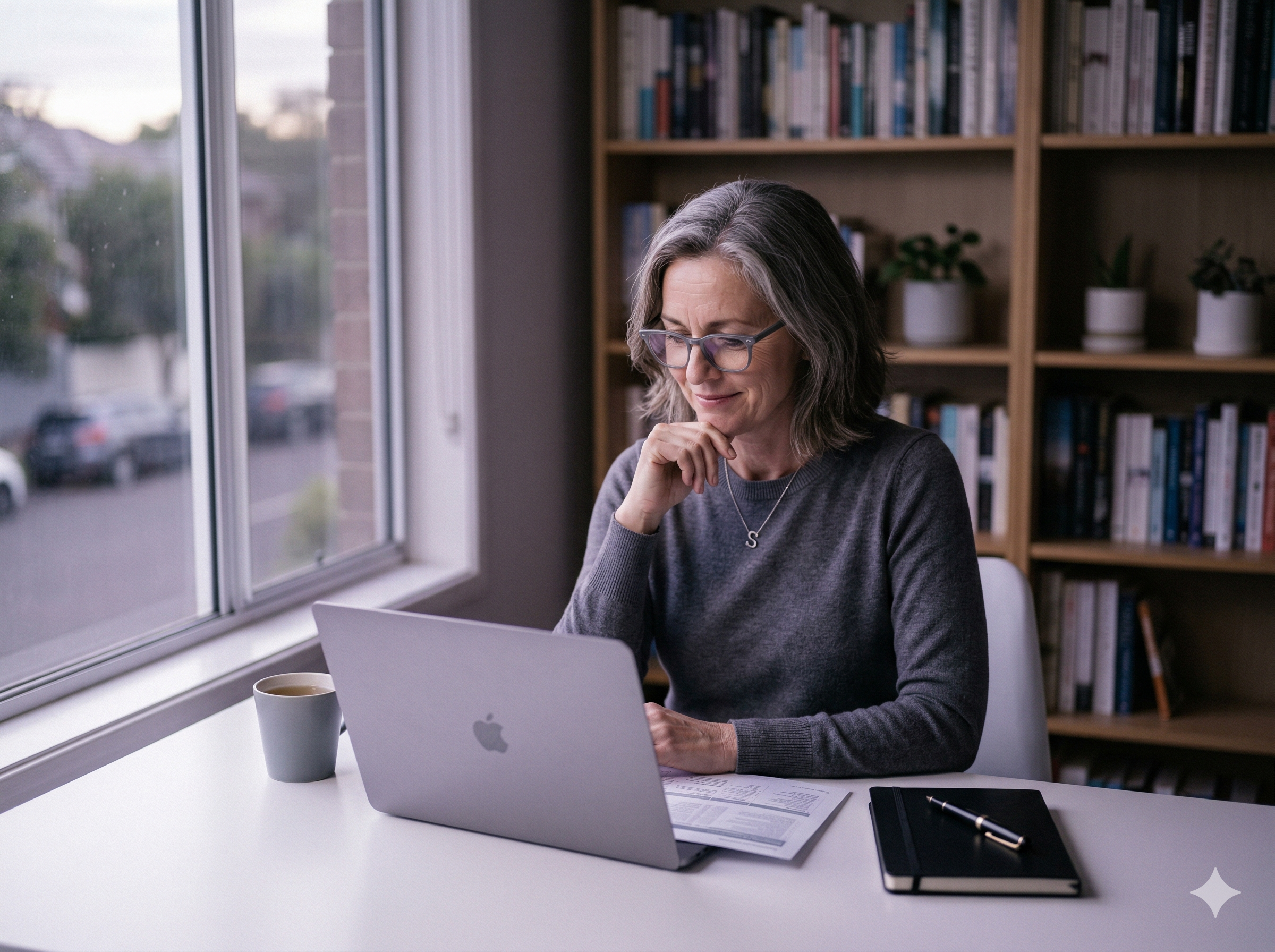 Business consultant reviewing a proposal on laptop at minimal desk