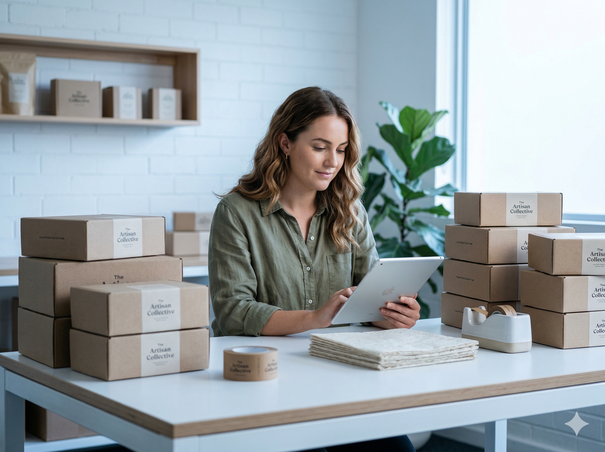 E-commerce store owner surrounded by products, looking at tablet