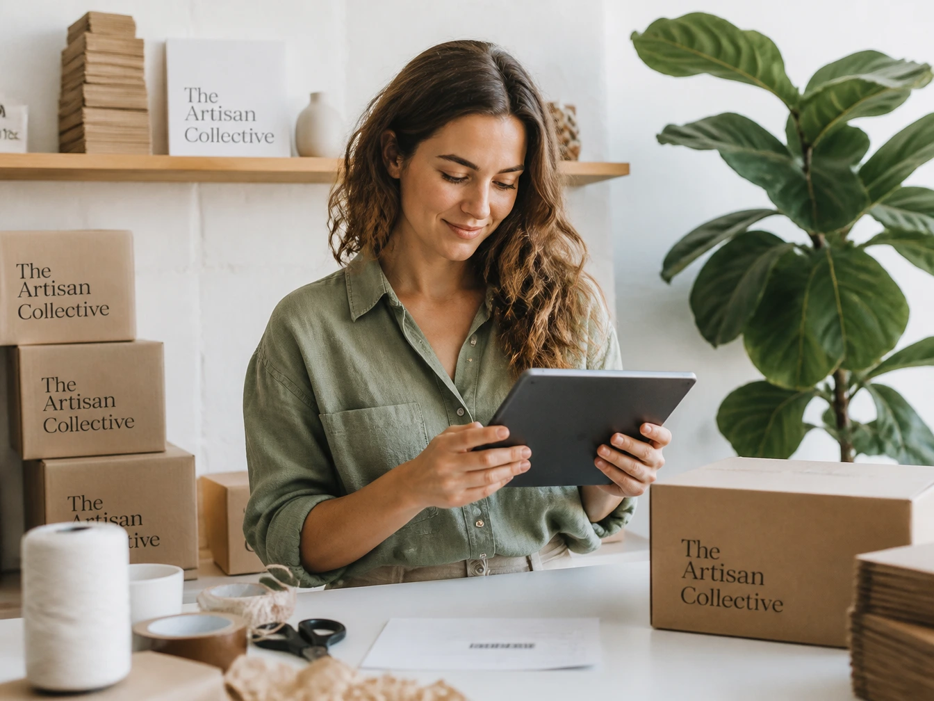E-commerce store owner surrounded by products, looking at tablet